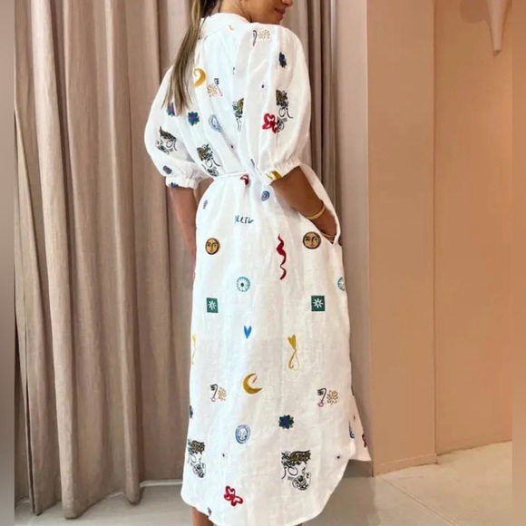 New graphic printed lantern sleeve belted button down dress - Picture 2 of 3